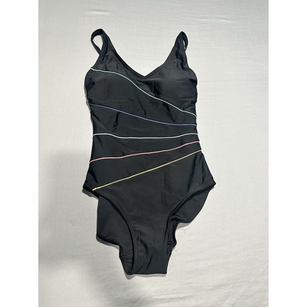 NWT Miss Adola Black Rainbow Stripe One Price Bathing Suit 6